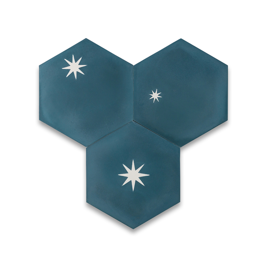 Decorative cement tile design featuring three teal hexagonal tiles with white starburst motifs, arranged in triangular formation, ideal for modern interiors and architectural accents