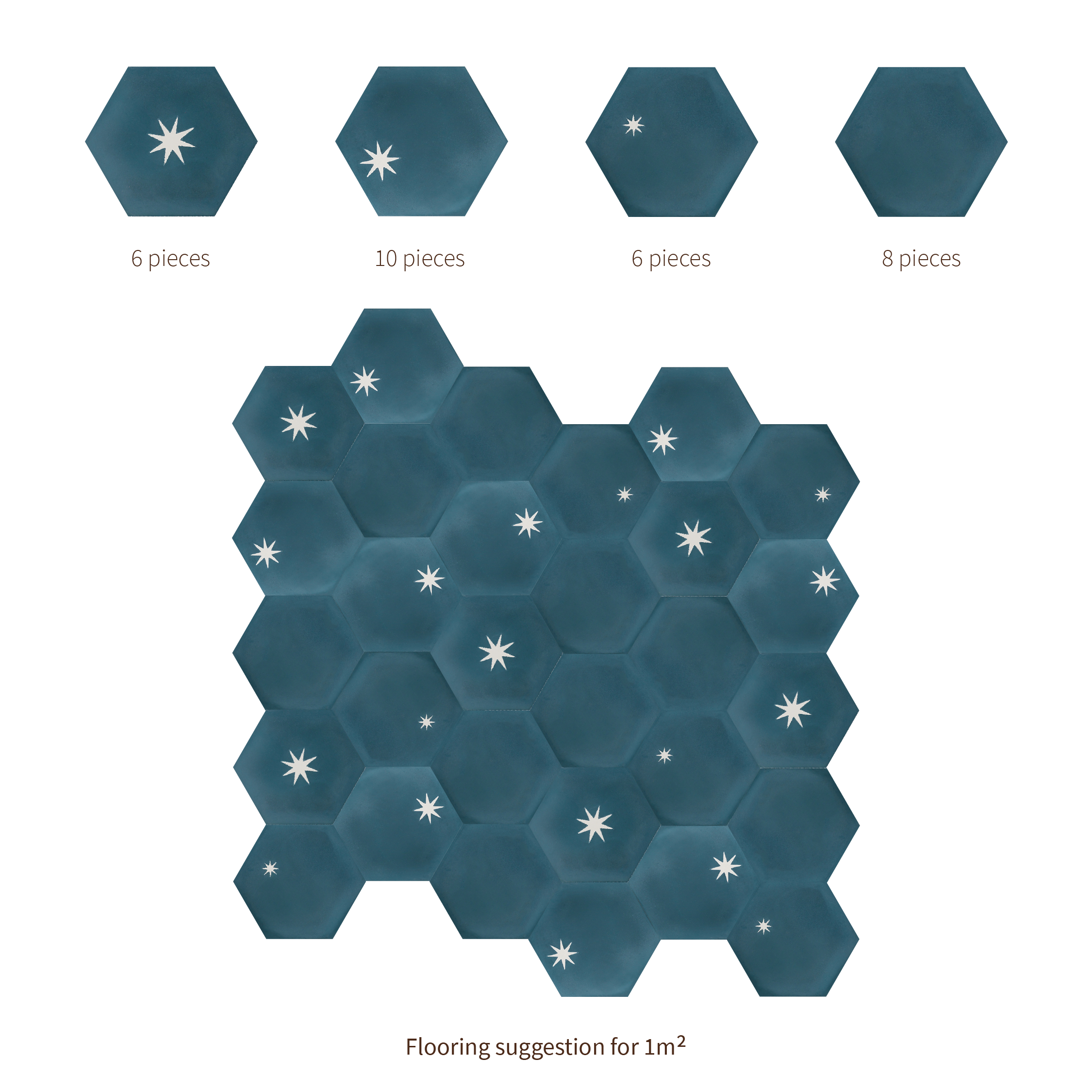 Decorative cement tile design featuring three teal hexagonal tiles with white starburst motifs, arranged in triangular formation, ideal for modern interiors and architectural accents