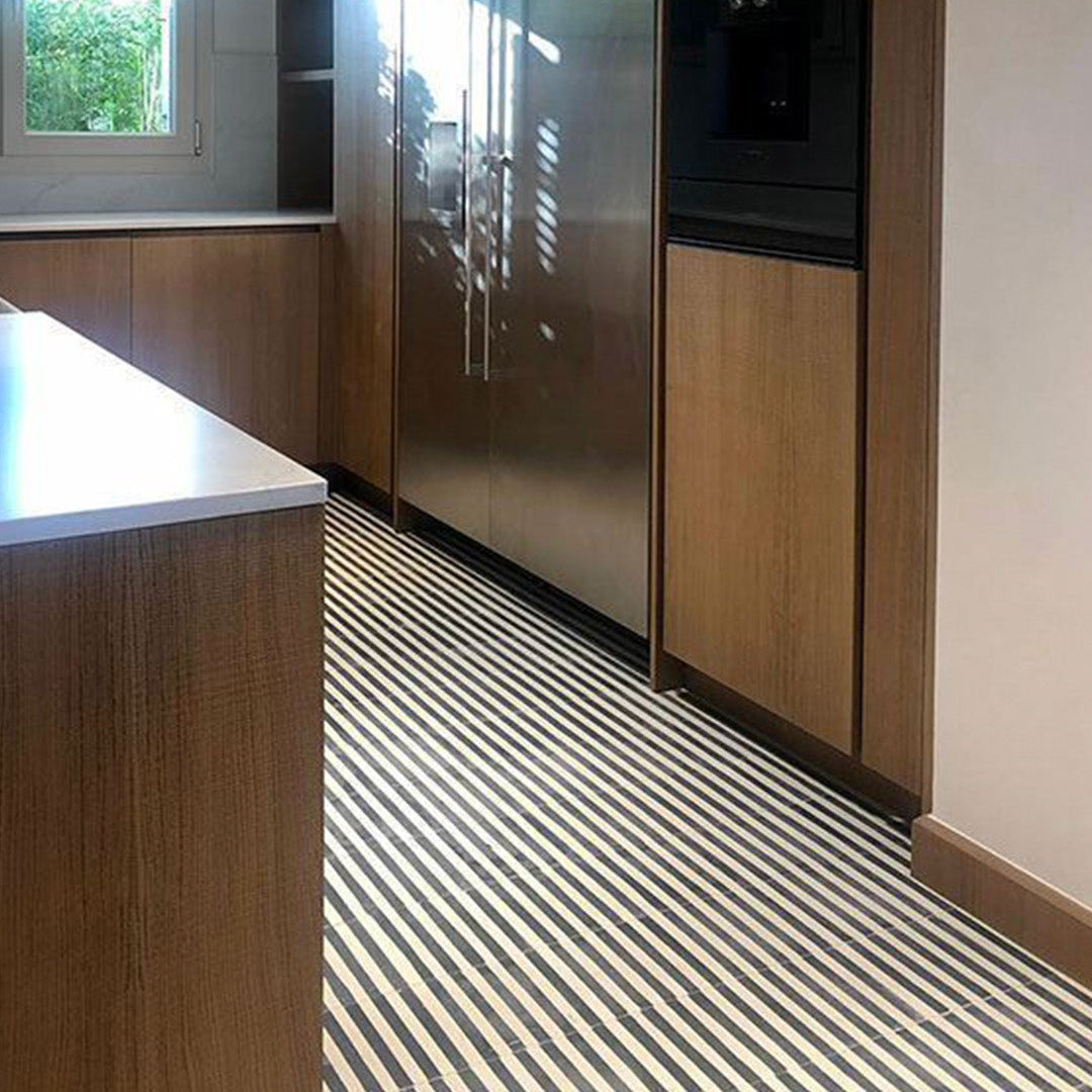 Square green metro cement tile featuring alternating vertical navy blue and white stripes with a matte finish, ideal for modern flooring, wall cladding, and contemporary interior design applications.