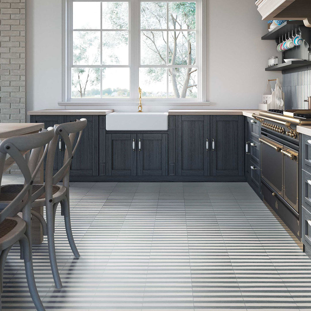 Square green metro cement tile featuring alternating vertical navy blue and white stripes with a matte finish, ideal for modern flooring, wall cladding, and contemporary interior design applications.