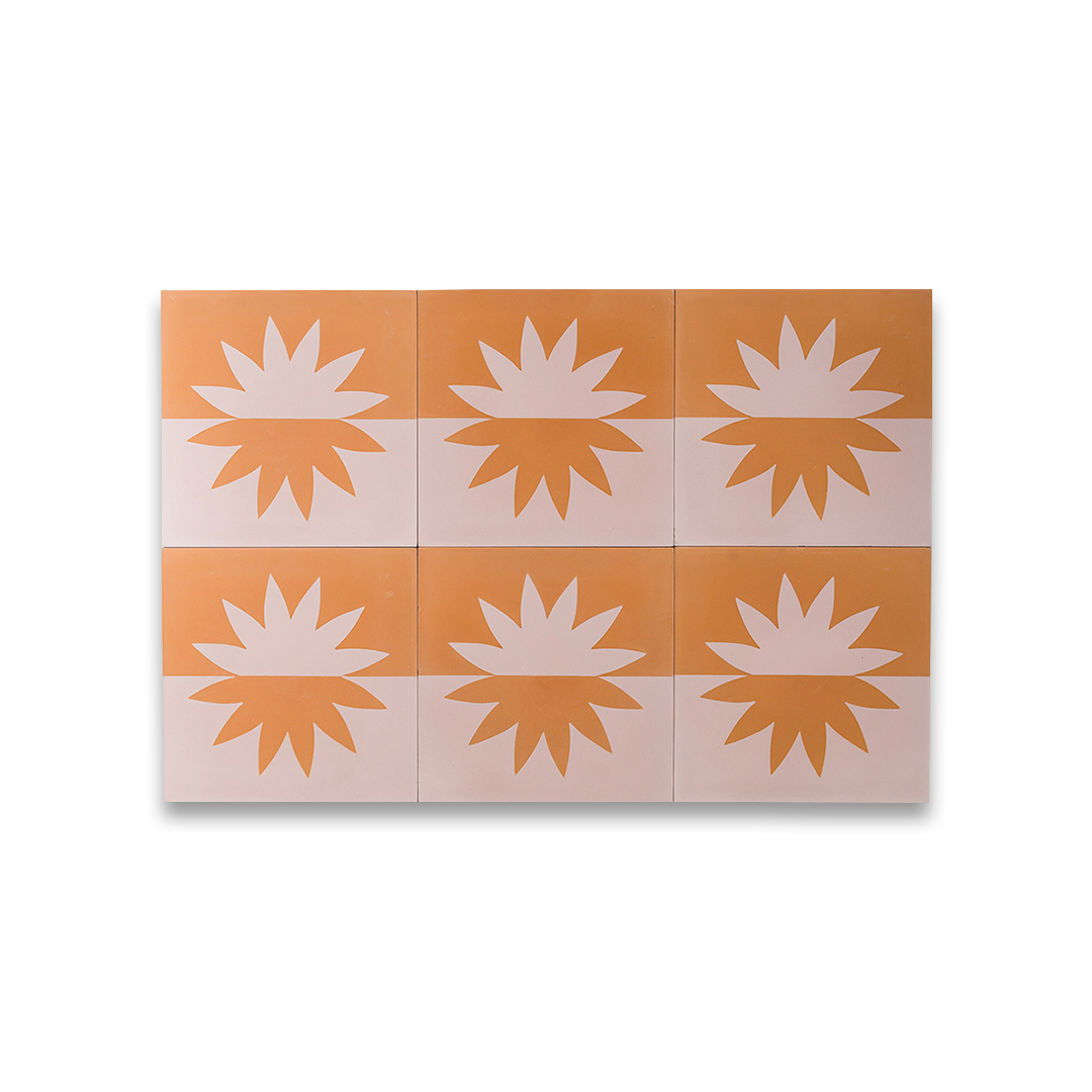 Set of six decorative tiles with sunflower design on a white background