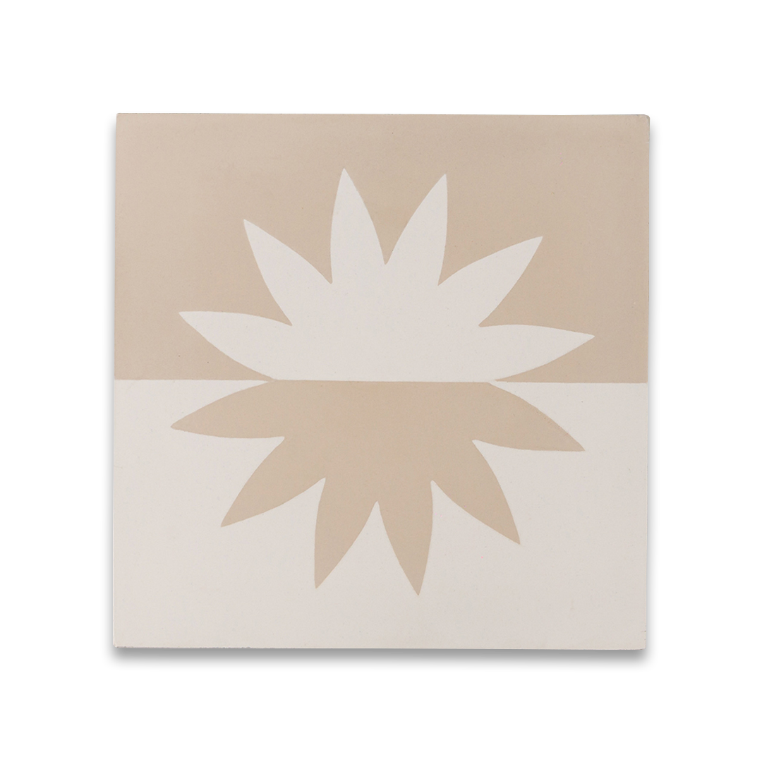 A mirrored floral sunburst motif in beige and cream tones, divided horizontally, ideal for modern flooring, wall decor, or minimalist Mediterranean interiors.