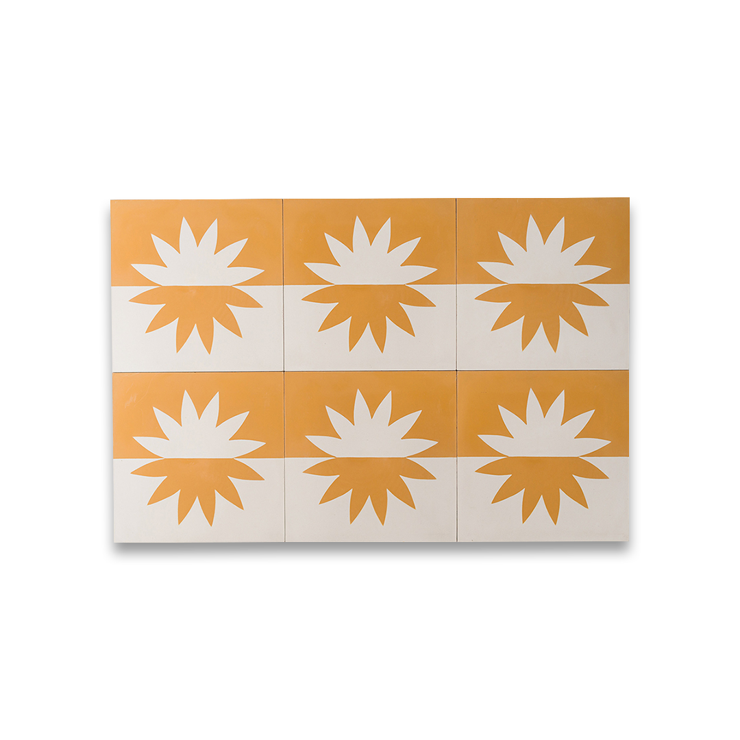 Square cement tile design featuring a mirrored sunburst pattern in mustard yellow and off-white tones with a matte finish, ideal for modern flooring, wall decor, or Mediterranean interiors.