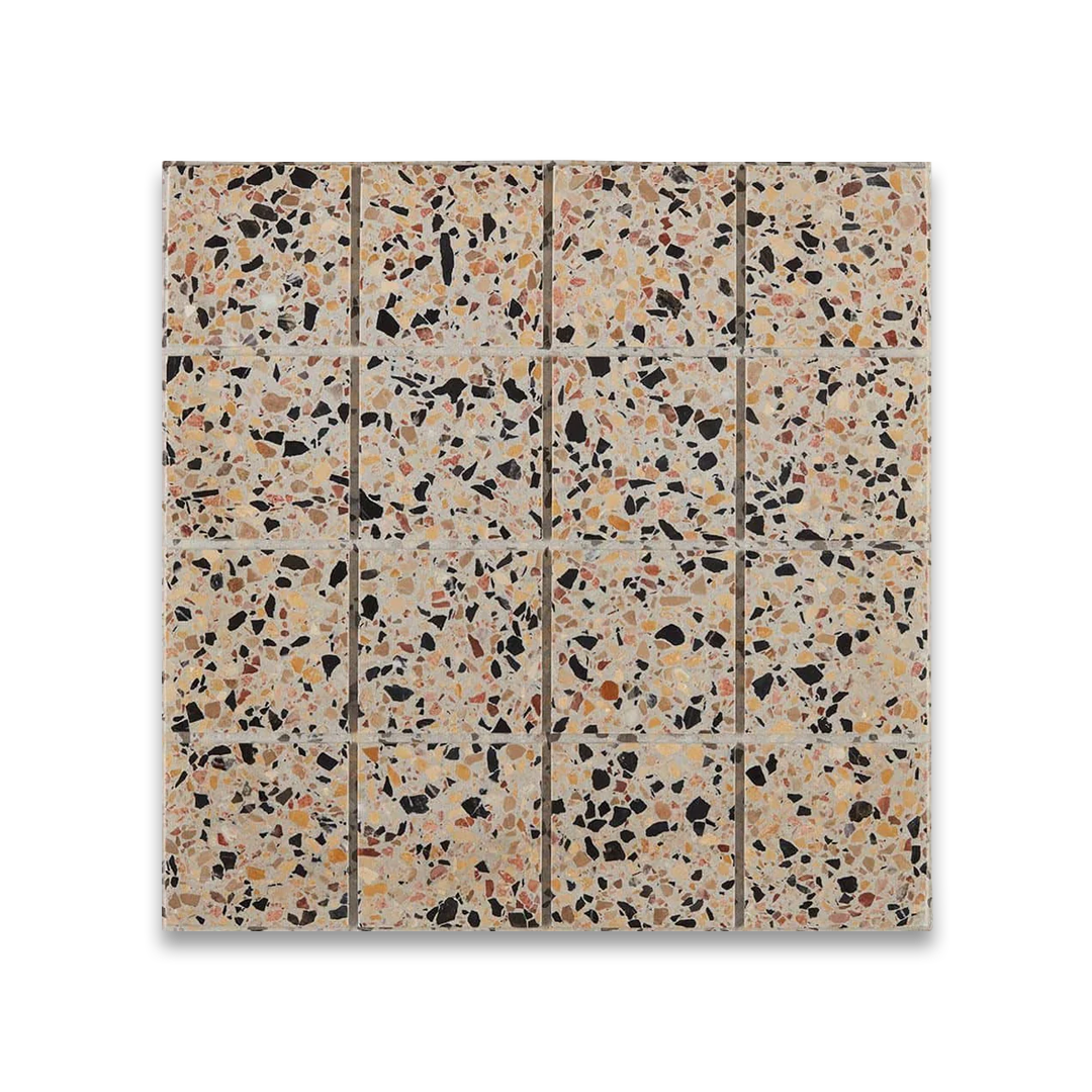 Terrazzo-style tiles with a speckled pattern on a white background