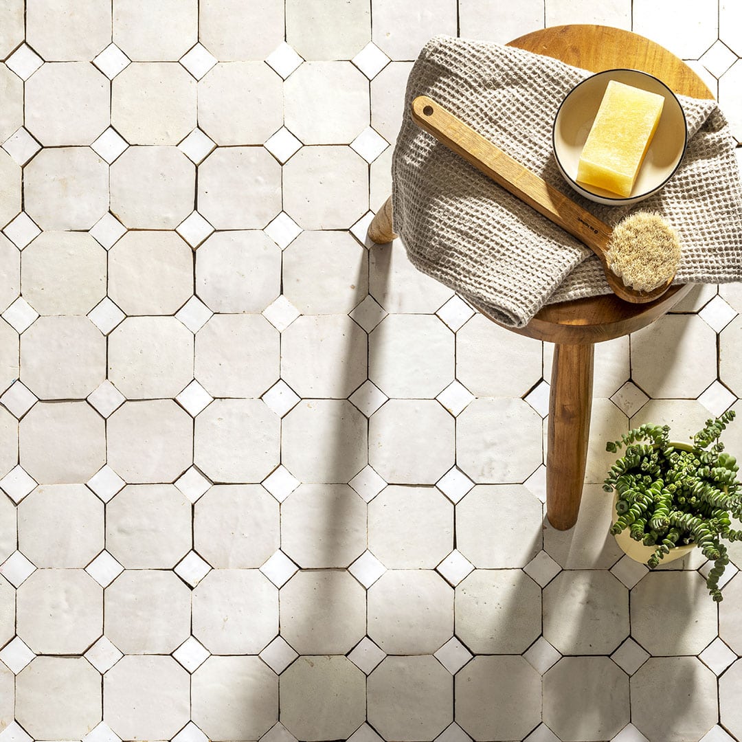 Hexagonal marble mosaic tiles.