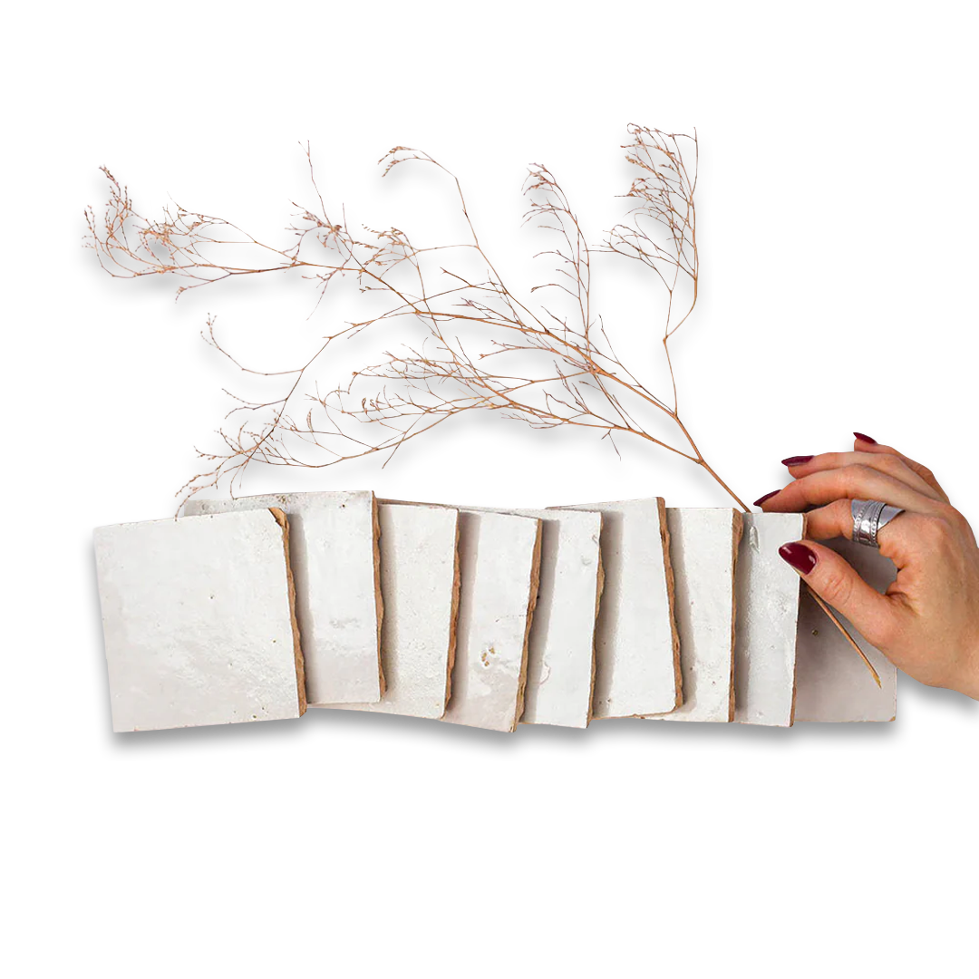 Hand holding a white ceramic vase with dried branches against a white background