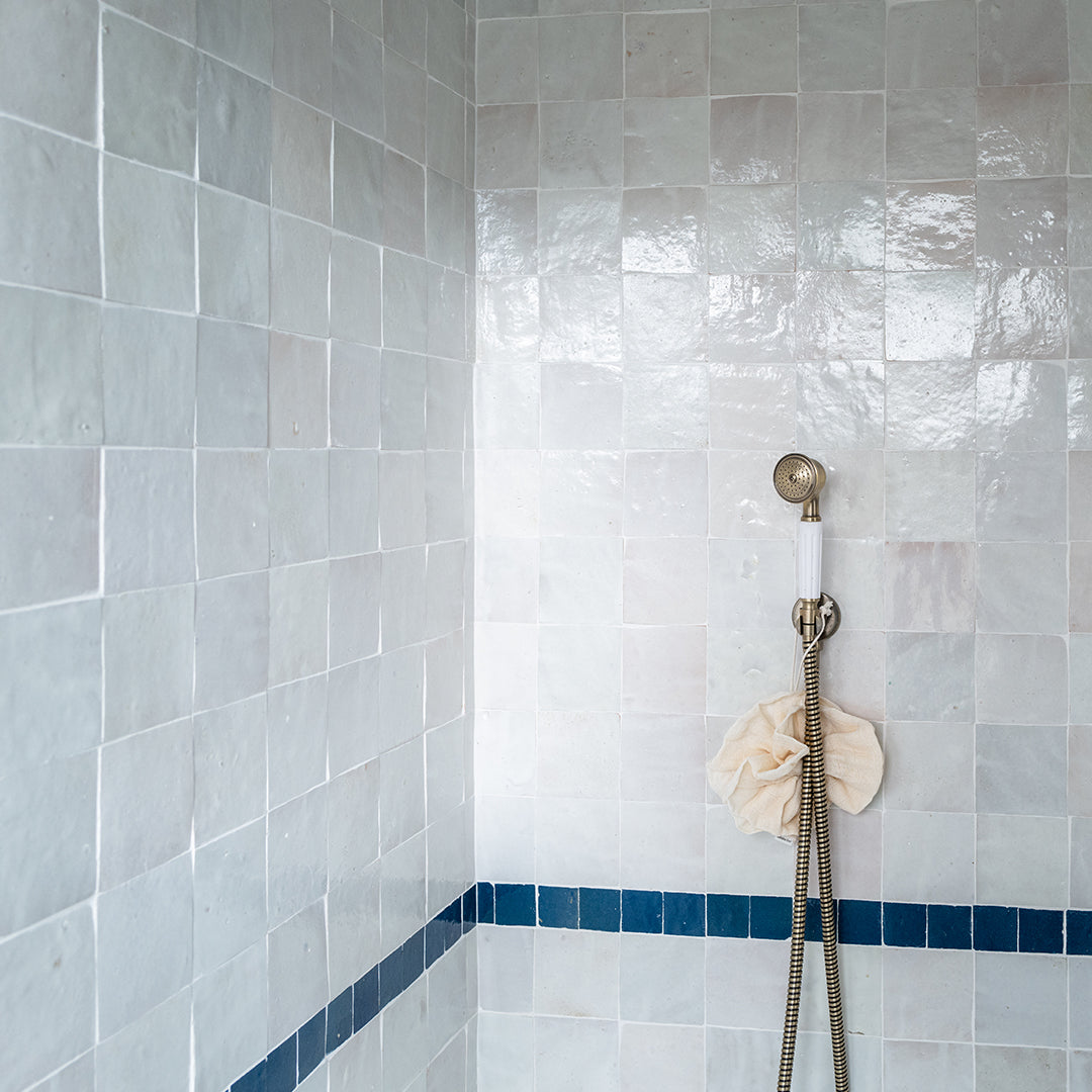 Shower head with hose against tiled shower wall