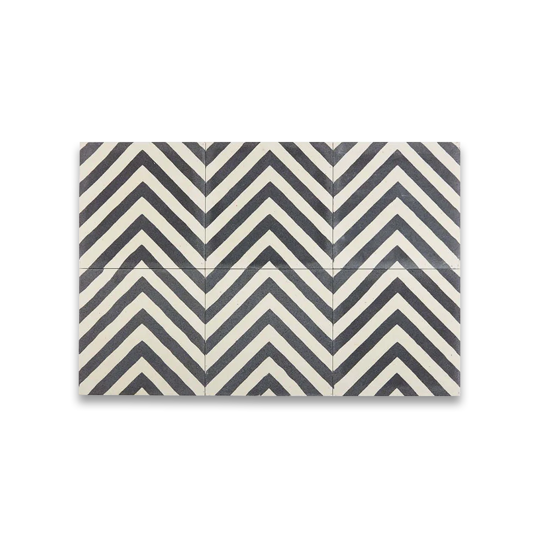 Square ceramic tile with bold chevron pattern of alternating dark gray textured and smooth off-white stripes, forming inverted V-shapes for modern geometric.
