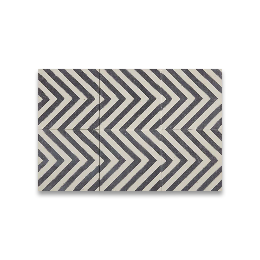 Square ceramic tile with bold chevron pattern of alternating dark gray textured and smooth off-white stripes, forming inverted V-shapes for modern geometric.
