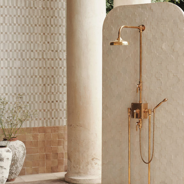 Zellige Riad cross pattern white zellige tiles outdoor shower