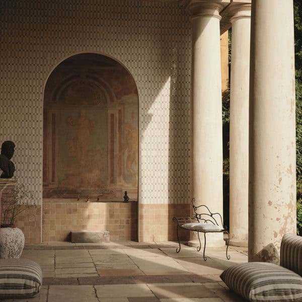 Marrakesh Stripes in Travertine Zellige Tiles Outdoor Bath