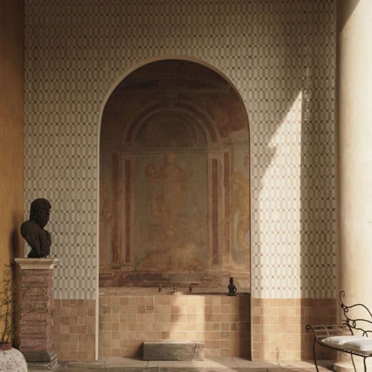 Marrakesh Stripes in Travertine Zellige Tiles Outdoor Bath