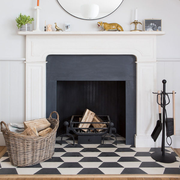 Hex monochrome patterned tiles fireplace decoration