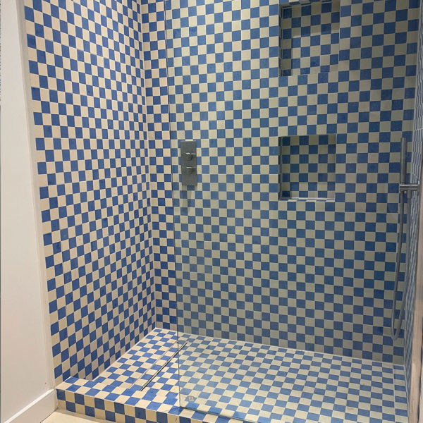 blue checkers encaustic cement tiles shower cubicle