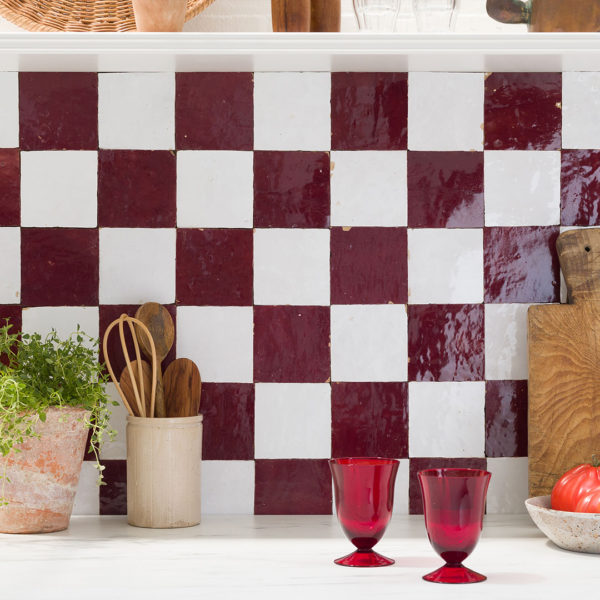 crimson red and snow white zellige tiles checkerboard kitchen splashback otto tiles