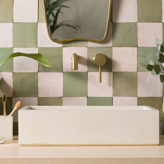 desert green and ecru zellige tiles checkerboard bathroom splashback