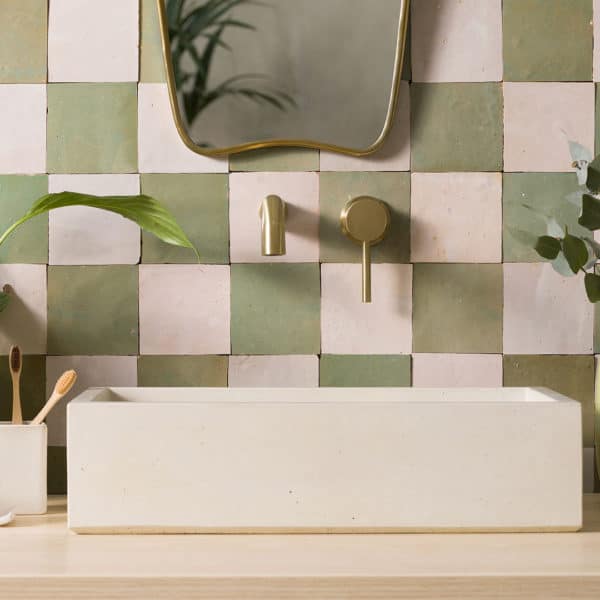 desert green and ecru zellige tiles checkerboard bathroom splashback