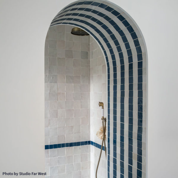 Blue Marine Zellige and White Zellige Tiles Studio Far West Shower Cubicle Bathroom