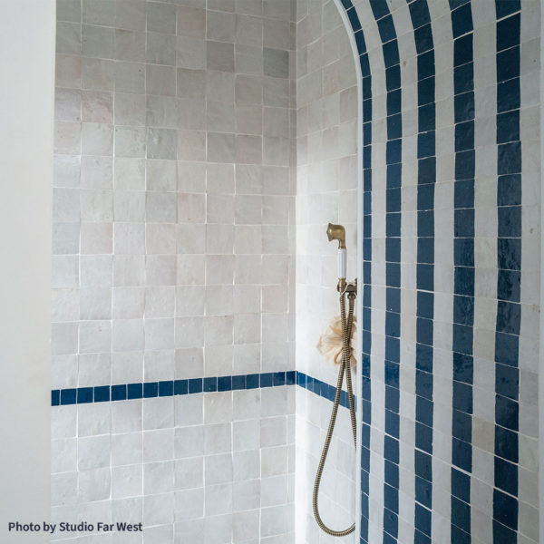 Blue Marine Zellige and White Zellige Tiles Studio Far West Shower Cubicle Bathroom Close Up