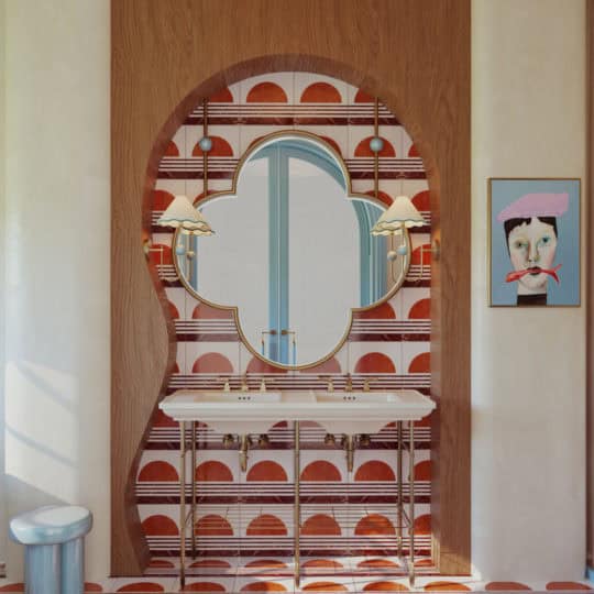 crimson sunset stripes marble tiles in a bathroom