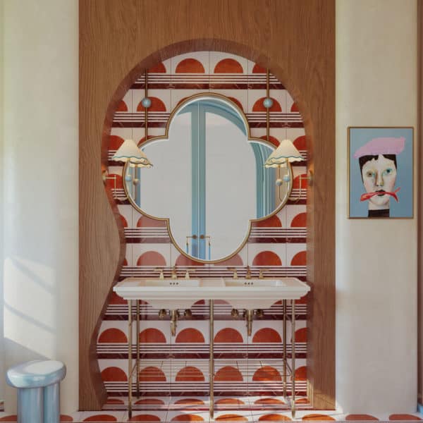 crimson sunset stripes marble tiles in a bathroom